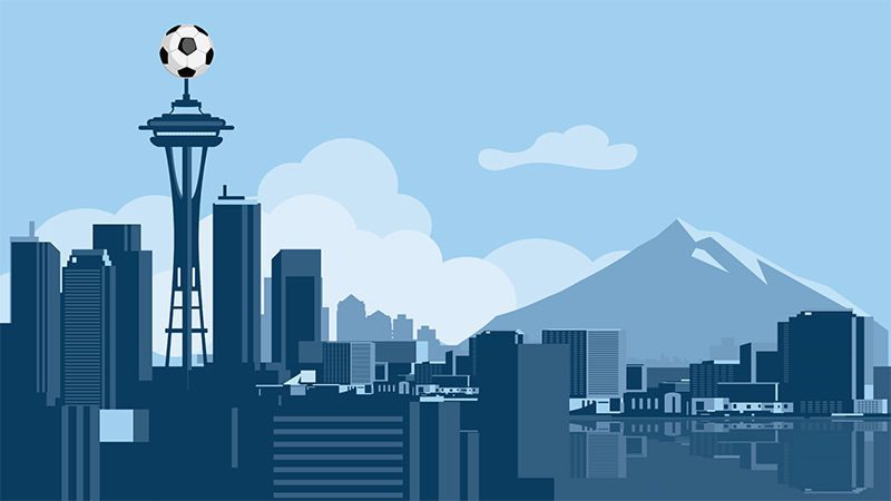 Drawing of Seattle skyline with soccer ball on top of the Space Needle