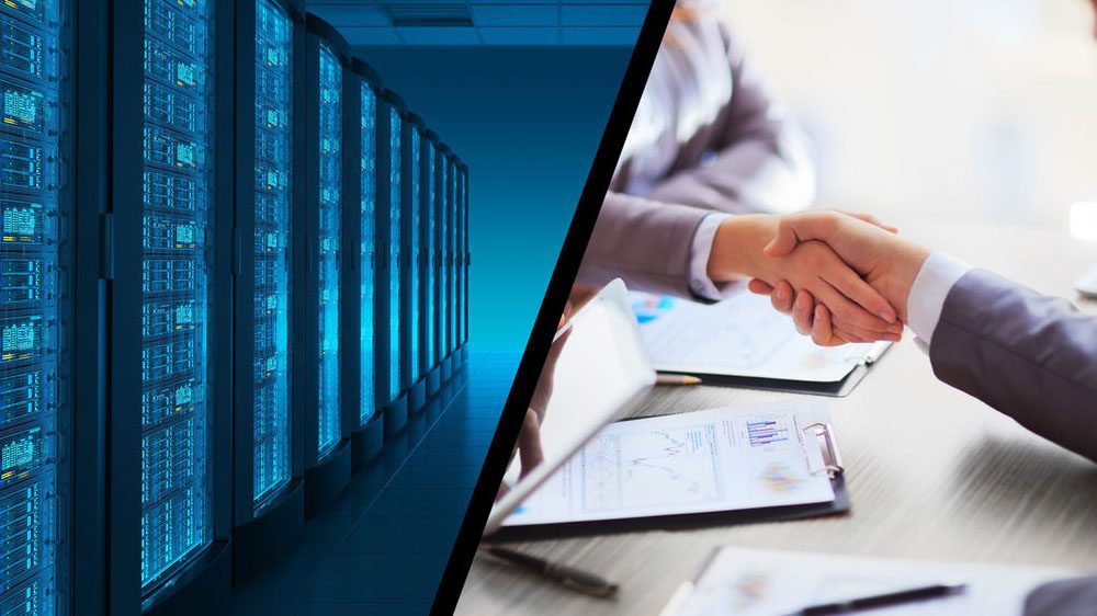 Split images - one is a data center and the other is a handshake across a table between two business people