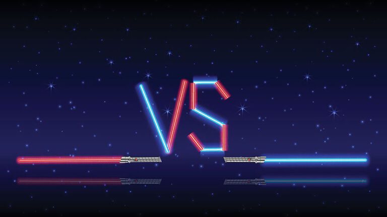 Two light sabers extended each side of a neon VS