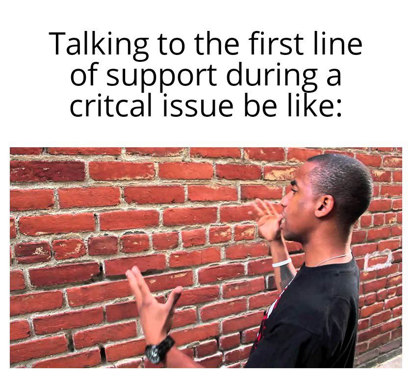 Text - Talking to the first line of support during a critical issue be like. Image is man talking to a brick wall