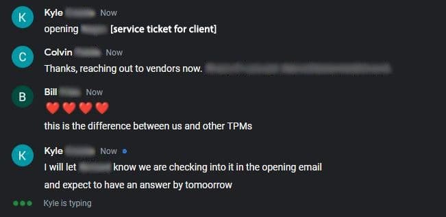 Actual service thread between M Global employees where everyone springs into action immediately