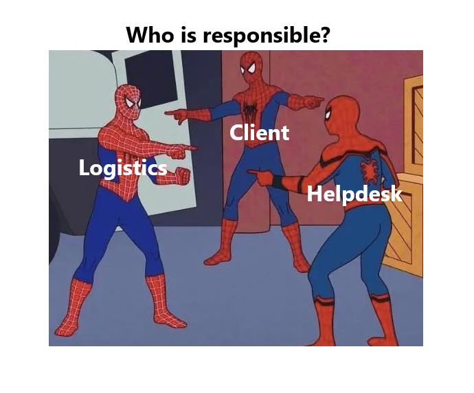 Meme - Three people in various spiderman costumes pointing at each other. People are labeled Logistics, Client and Helpdesk. Caption reads Who is Responsible?