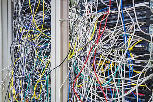 Tangled cables at data center
