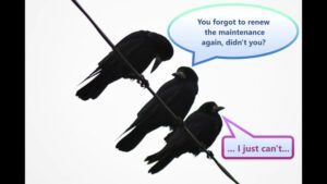 Three ravens on wire, one with head down. Captions are "You forgot to renew maintenance again, didn't you?" and from the third raven looking away "I just can't"