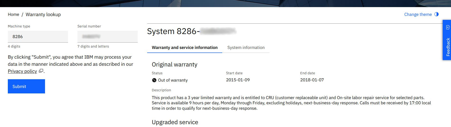 Warranty details showing start and end dates.
