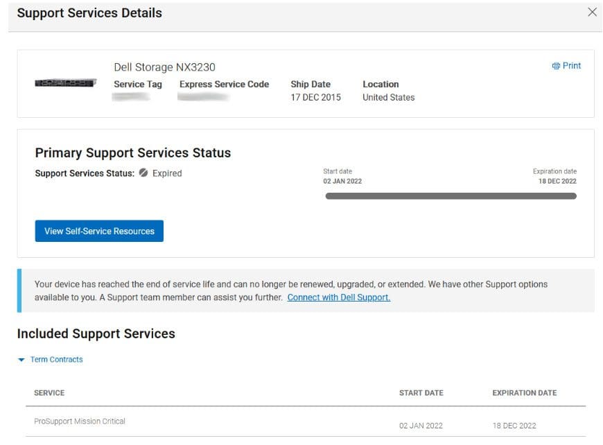 Dell Warranty Lookup Screen showing support has expired