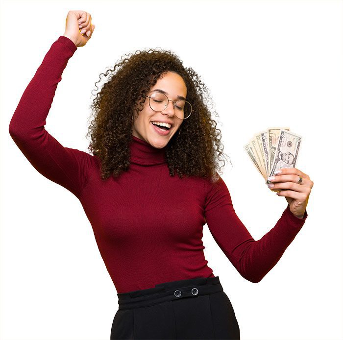 Woman holding cash and cheering