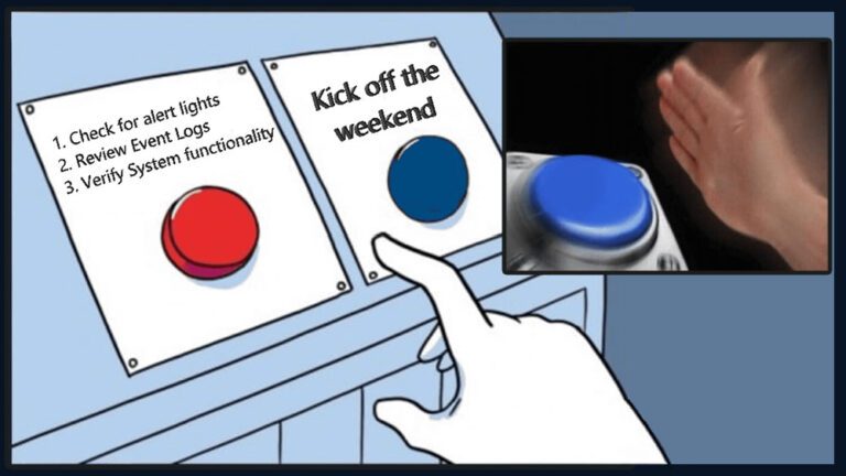 In the first panel a hand hovers over two buttons. One choice is to do preventative maintenance and the other is to kick off the weekend. Second panel shows hand hitting the Weekend button.
