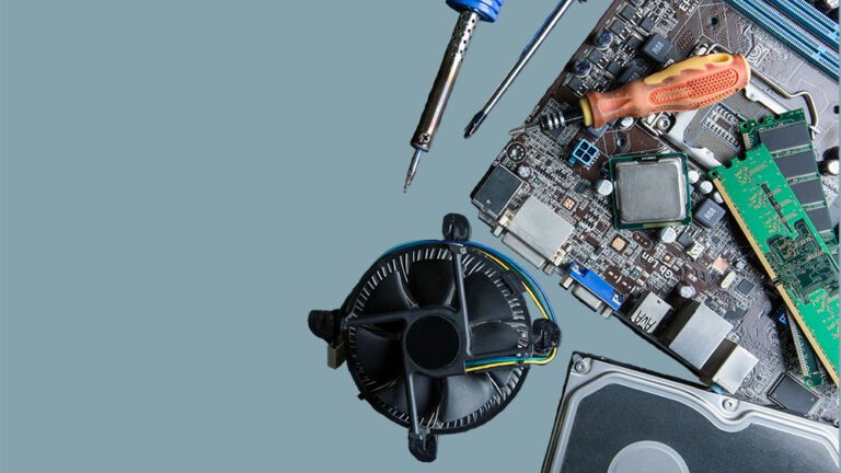 Motherboard, computer accessories and screwdrivers