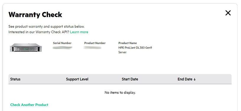 HPE Warranty Lookup screen when the warranty has expired