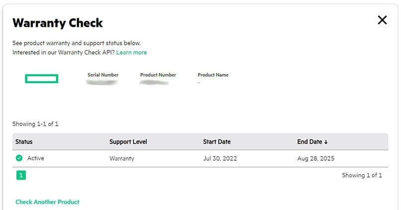 HPE Warranty Lookup screen showing the warranty is still in effect