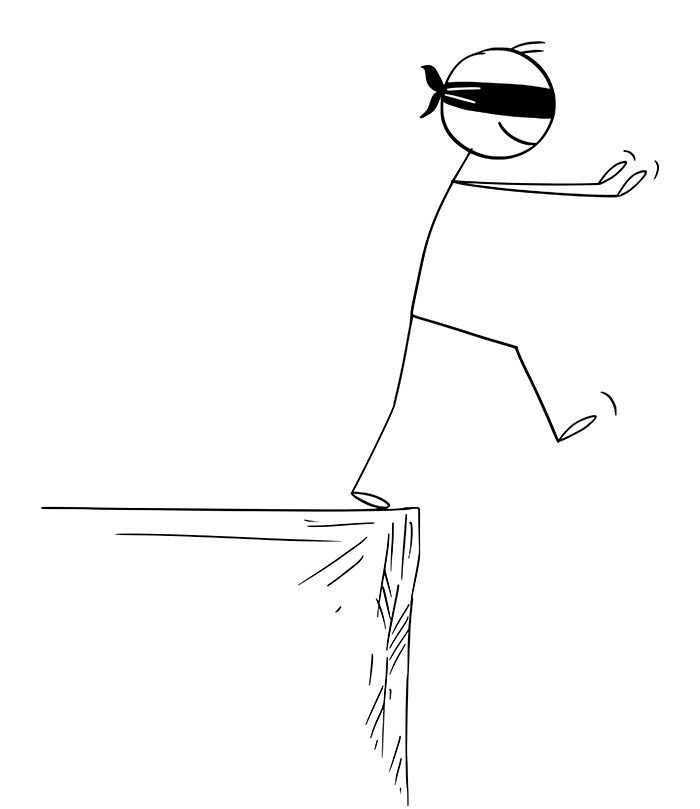 Blindfolded stick figure accidentally walking off cliff