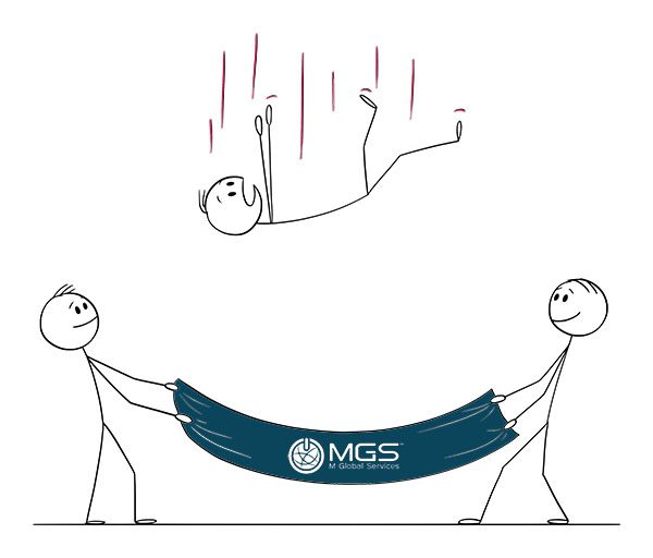 A stick figure is falling and two stick figures stand below with a blanket ready to catch him