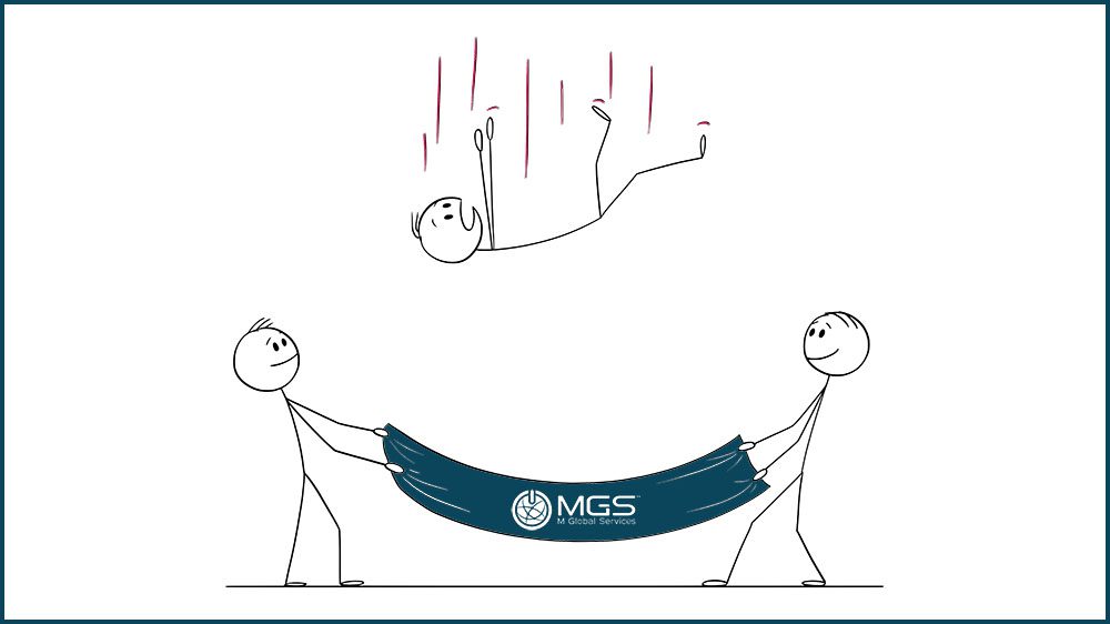 A stick figure is falling and two stick figures stand below with a blanket ready to catch him