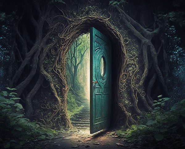Open door of a secret entrance into a new place
