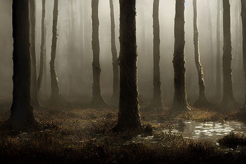 Mysterious forest scene with fog and swamp