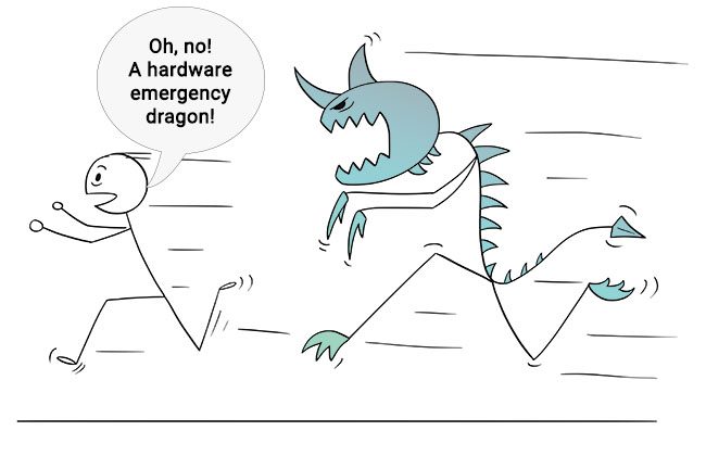 Stick figure running from a dragon-like stick figure monster. Speech bubble reads Oh, no! A hardware emergency dragon!