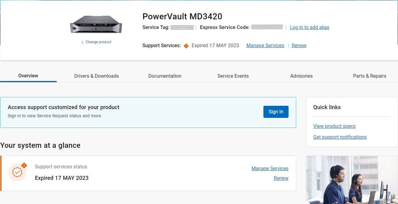 Expired warranty shows expiration and some options - Manage Services, renew