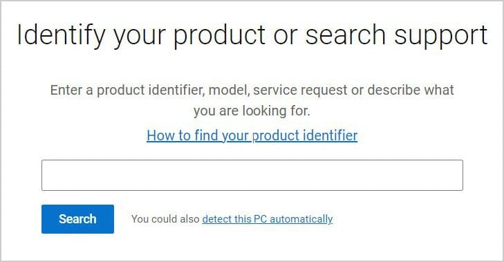 Form on Dell website: Identify your product or search support