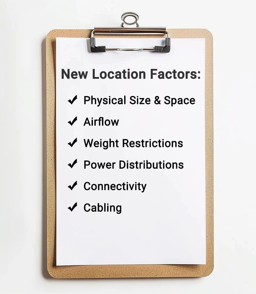 Clipboard with text on paper - New Location Factors: Physical size and space, airflow, weight restrictions, power distributions, connectivity, cabling