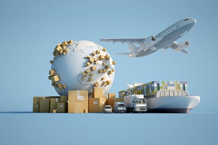 3D rendering of the Earth surrounded by cardboard boxes, a cargo container ship, a flying plan, a car, a van and a truck