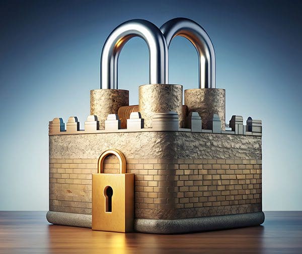 Cross between a square castle and three padlocks