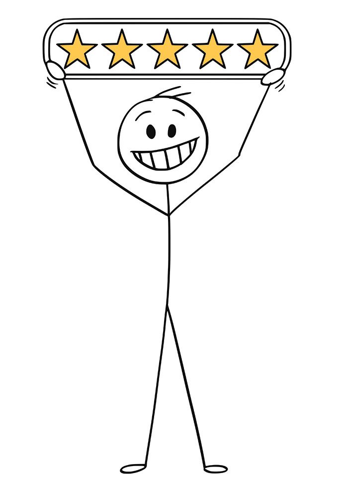 Stick figure holding up a five star rating plaque over his head