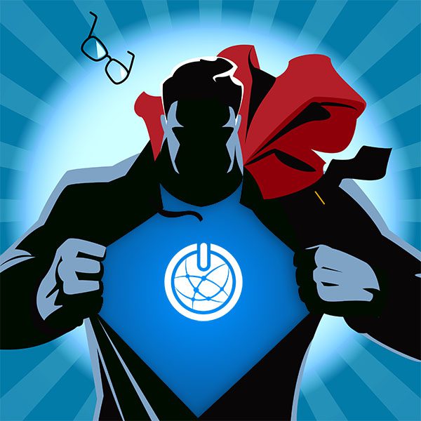 Man transforming from his alter ego to superhero, in Superman fashion