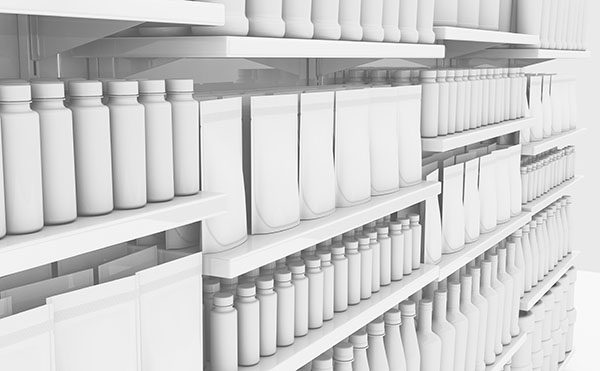 Shelfs with products with all white labels